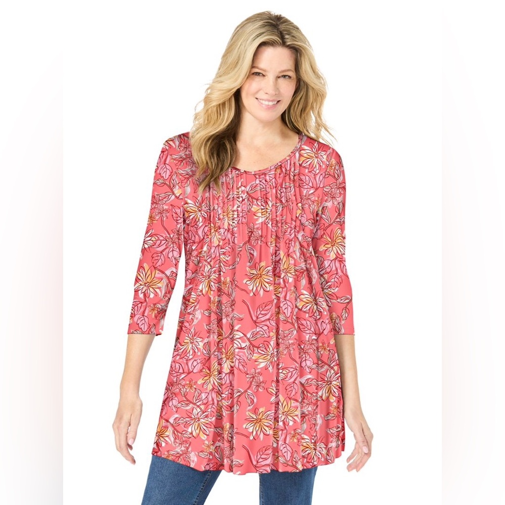 NWT Woman Within Plus Size V-Neck Pintucked Tunic M‎ sz 14/16 Casual Everyday